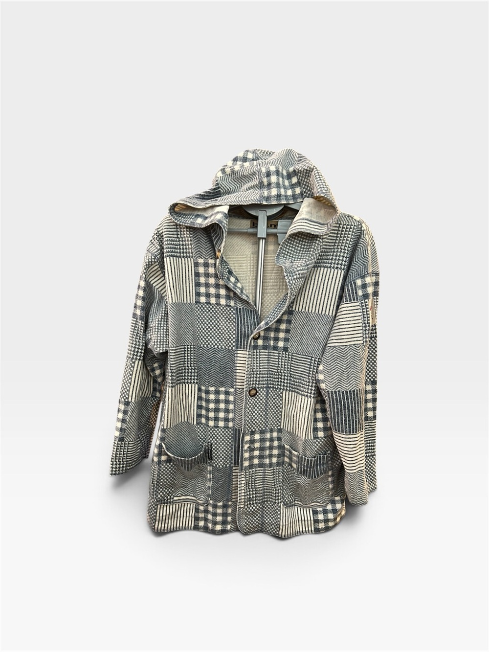 Patchwork Lightweight Hooded Shirt Jacket - Black & Cream